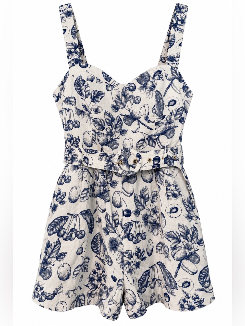 Christian Lacroix Fruit Toile Linen Romper Belted Cottagecore Coastal M